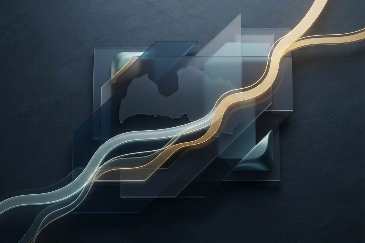 Abstract gold and silver light paths splitting across dark slate