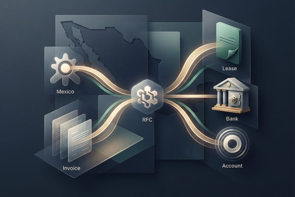 Abstract identity network connecting banking invoices and account records