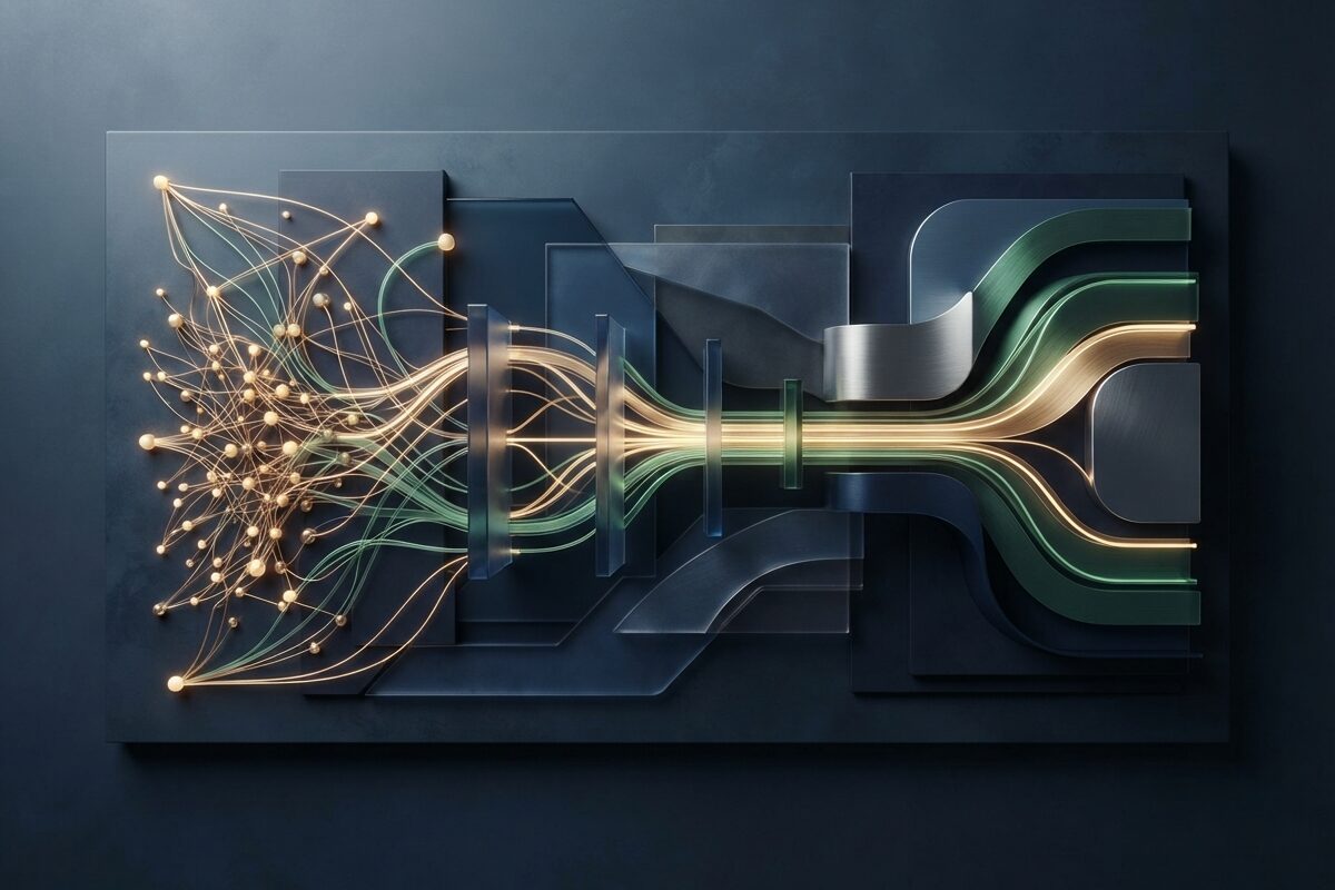 Abstract response workflow nodes connecting review signals and approvals