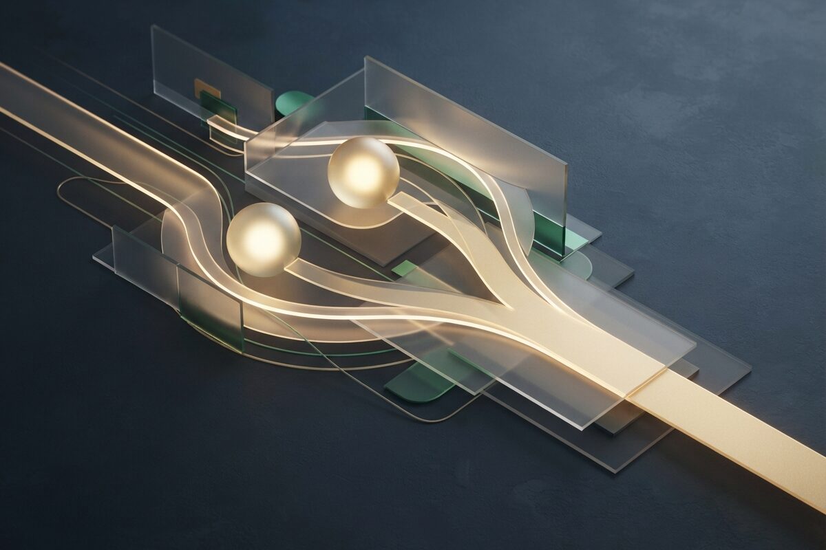 Two glowing orbs merging into one golden path on slate