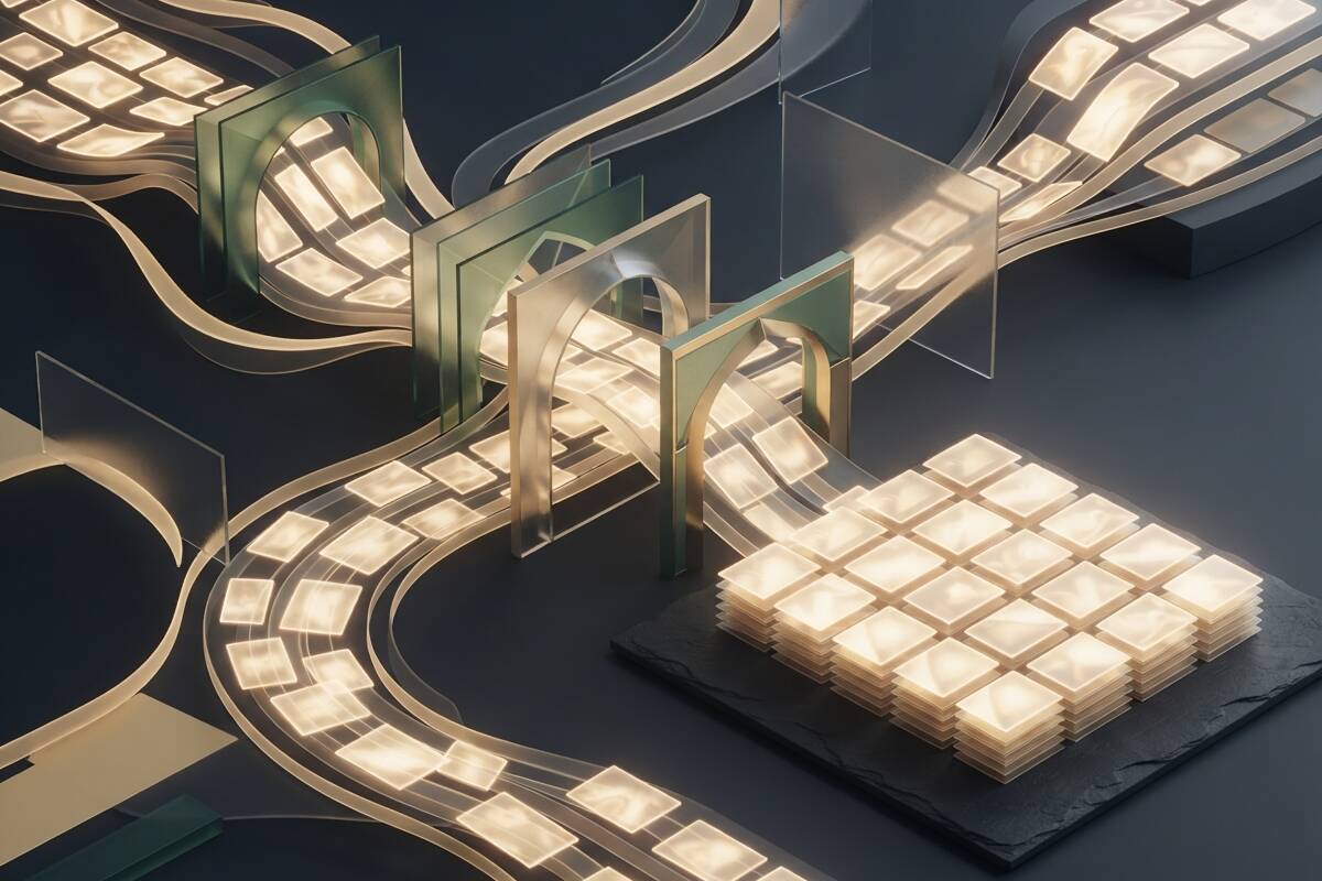 Abstract product image workflow passing through structured review gates