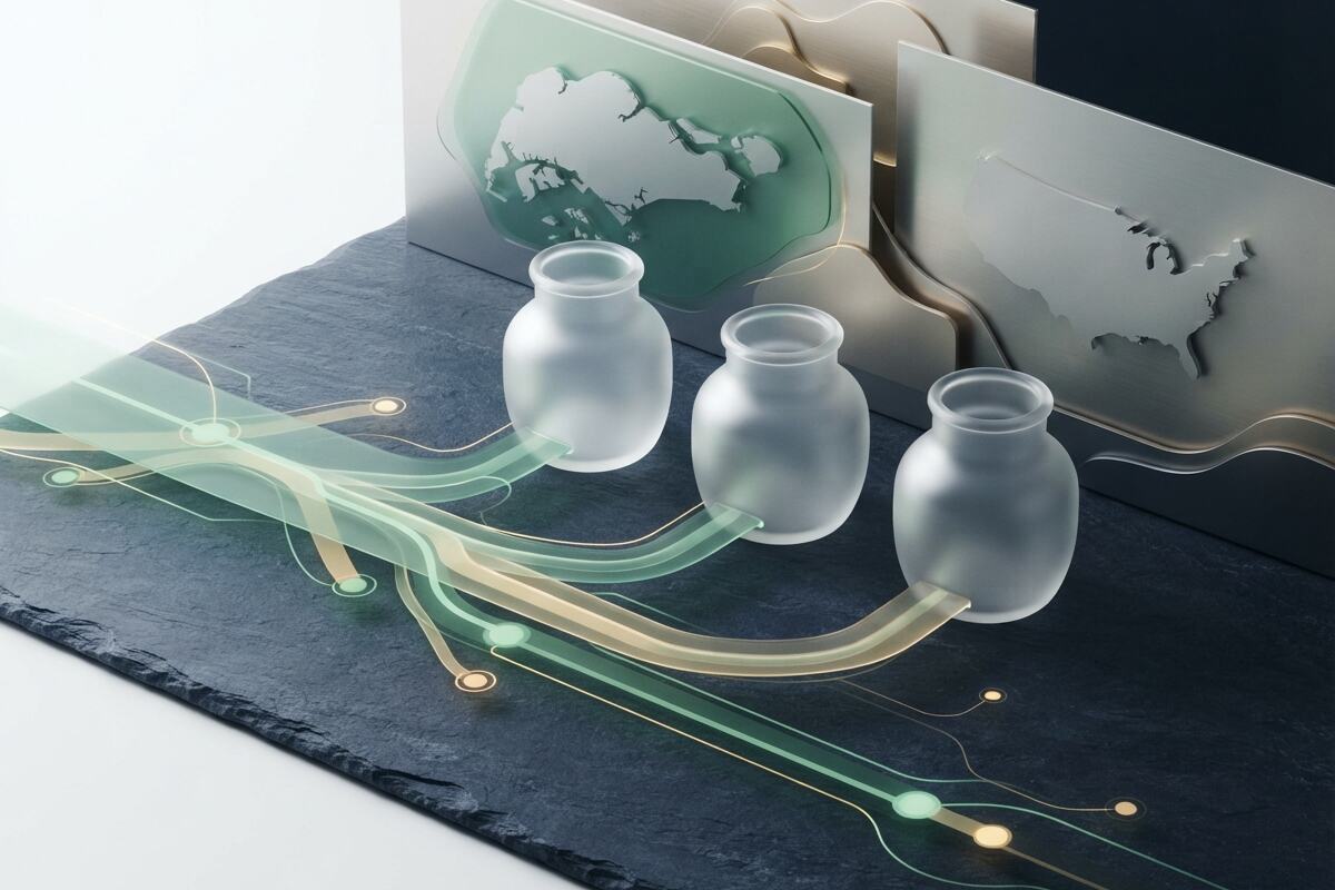 Glowing nodes feeding three frosted vessels on dark slate