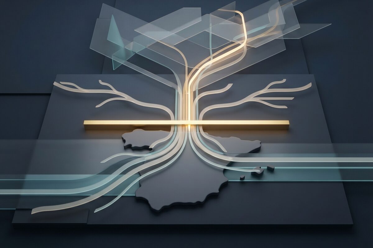 Abstract glowing gold bars splitting into two light paths