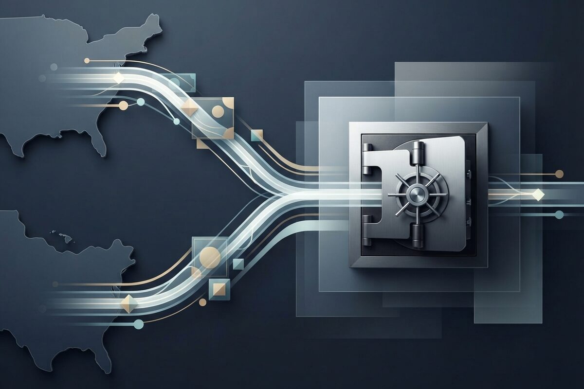 Abstract currency streams flowing securely between international banking nodes