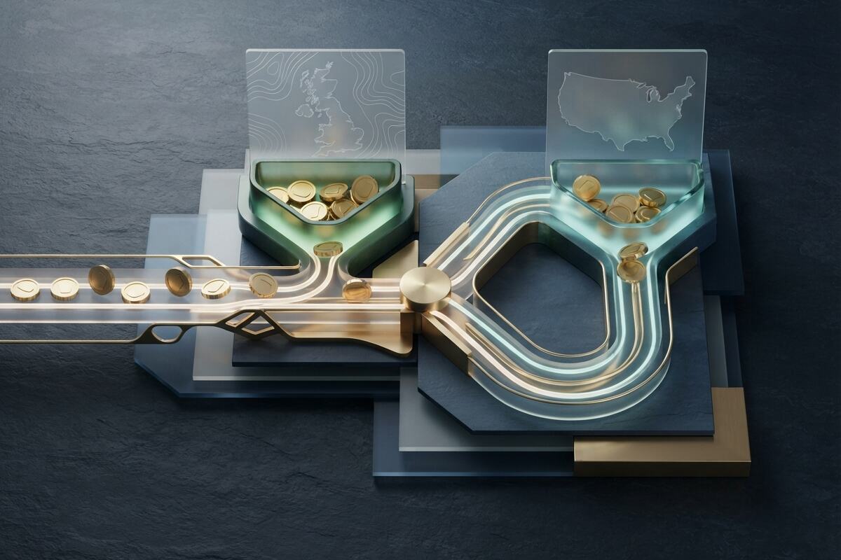 Gold coins splitting into two glass reservoirs on dark slate