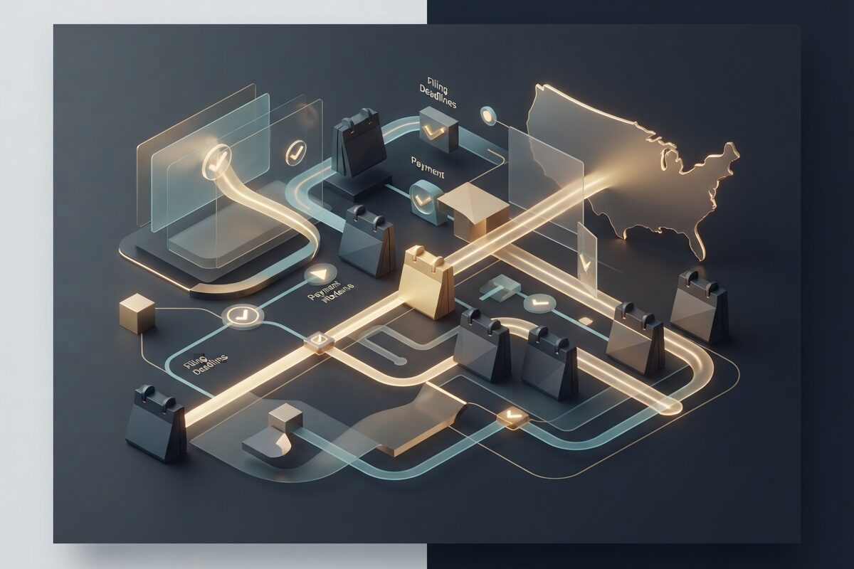 Conceptual compliance workflow with filing checkpoints and payment nodes