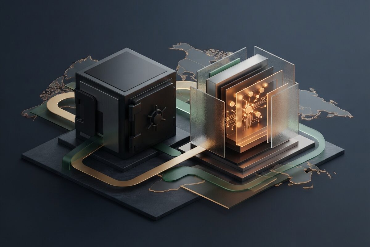 Abstract sealed vault beside glowing compliance node cluster