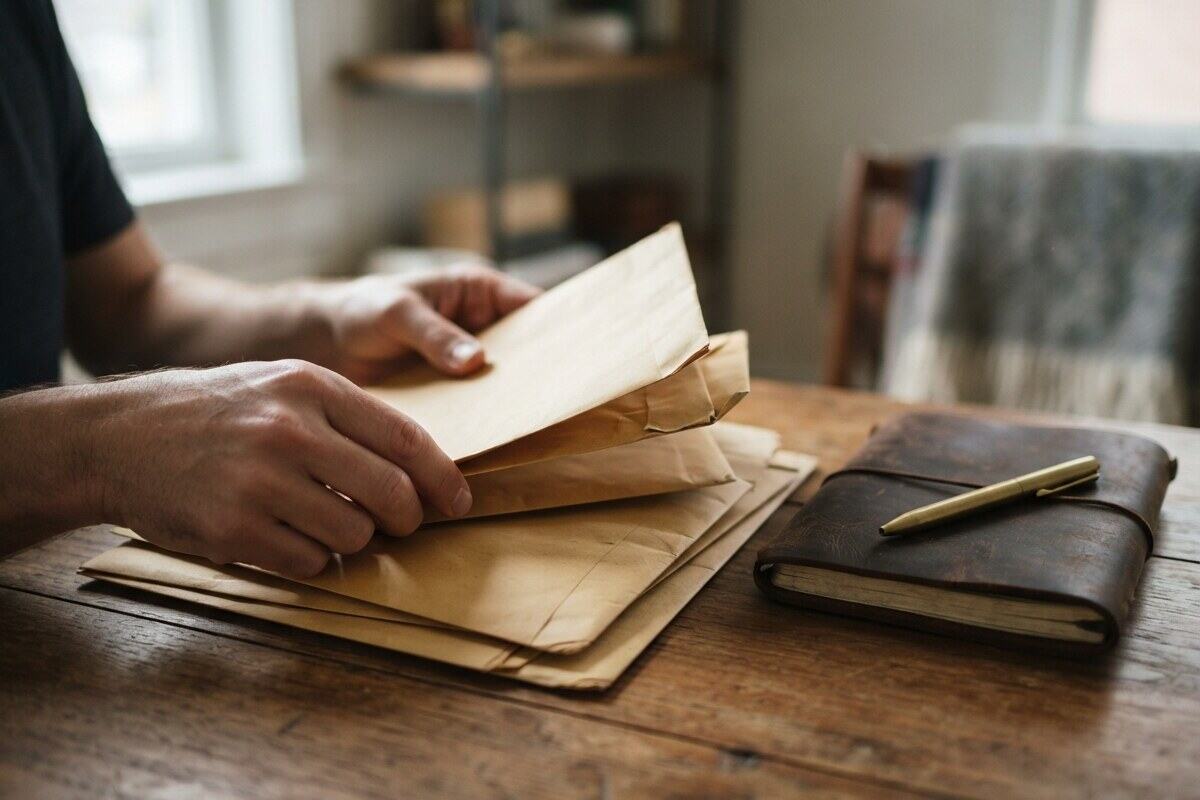 Hands sorting plain envelopes beside a closed leather journal
