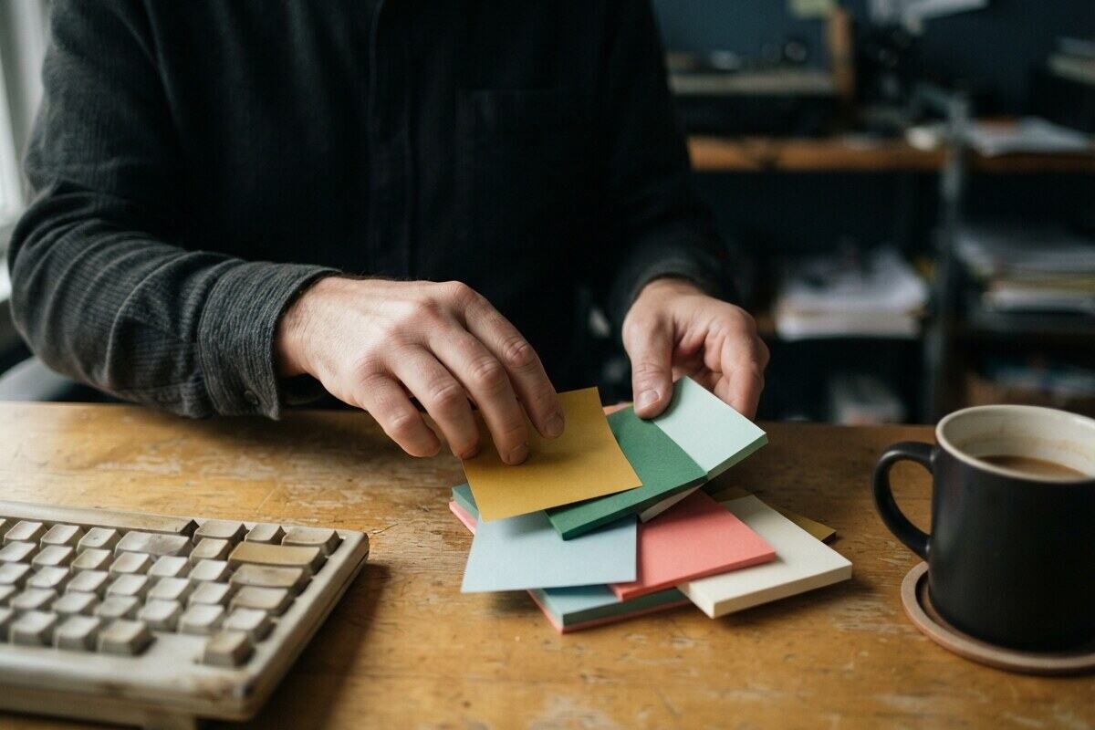 Operator organizing follow up workflow notes at desk