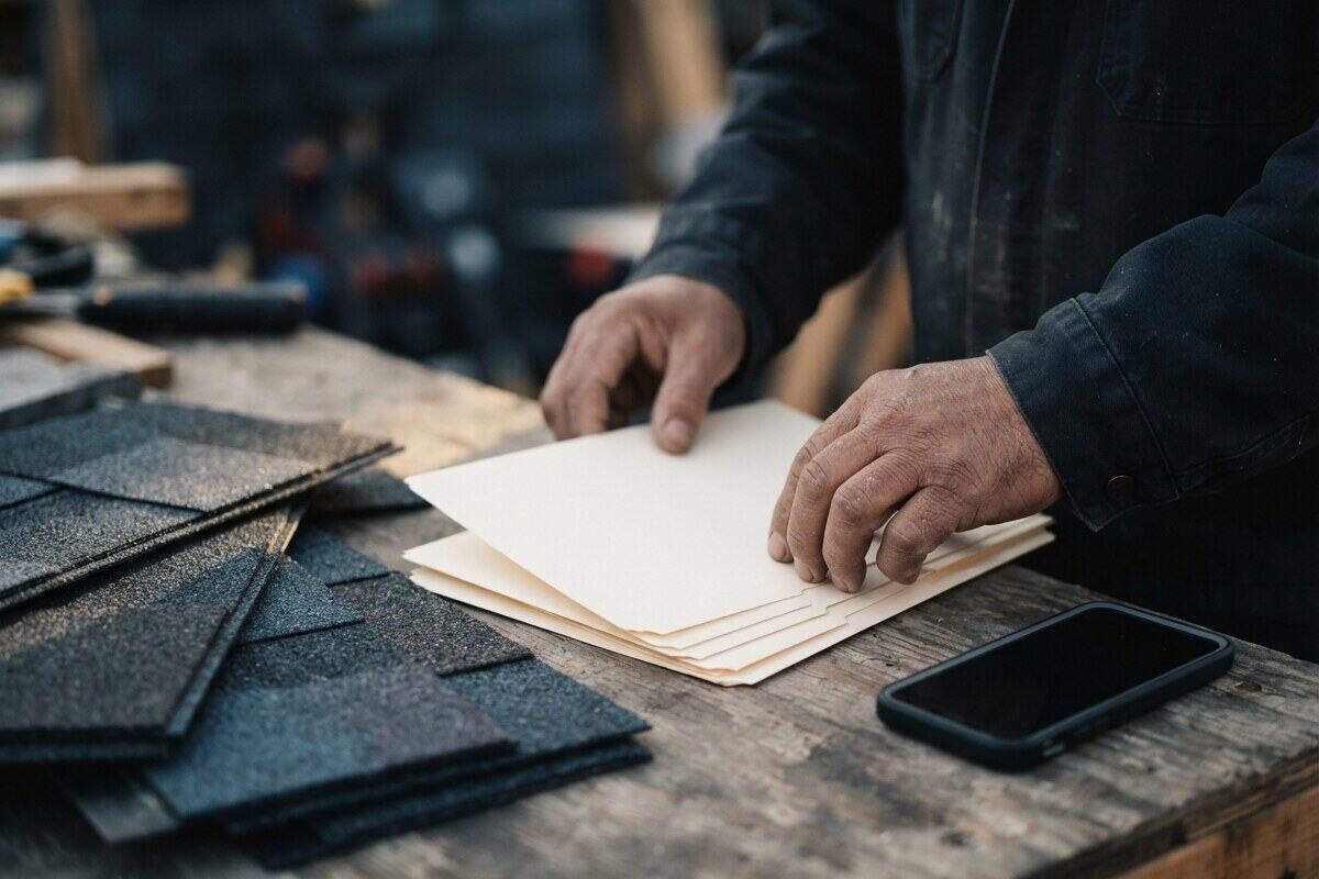 Hands organizing roofing estimate folders beside samples and phone