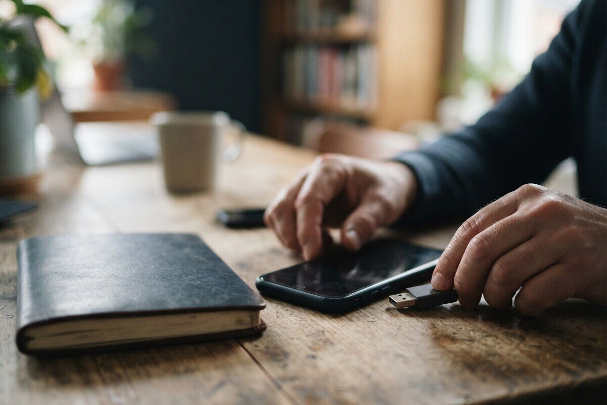Hands placing a hardware key beside a face-down phone