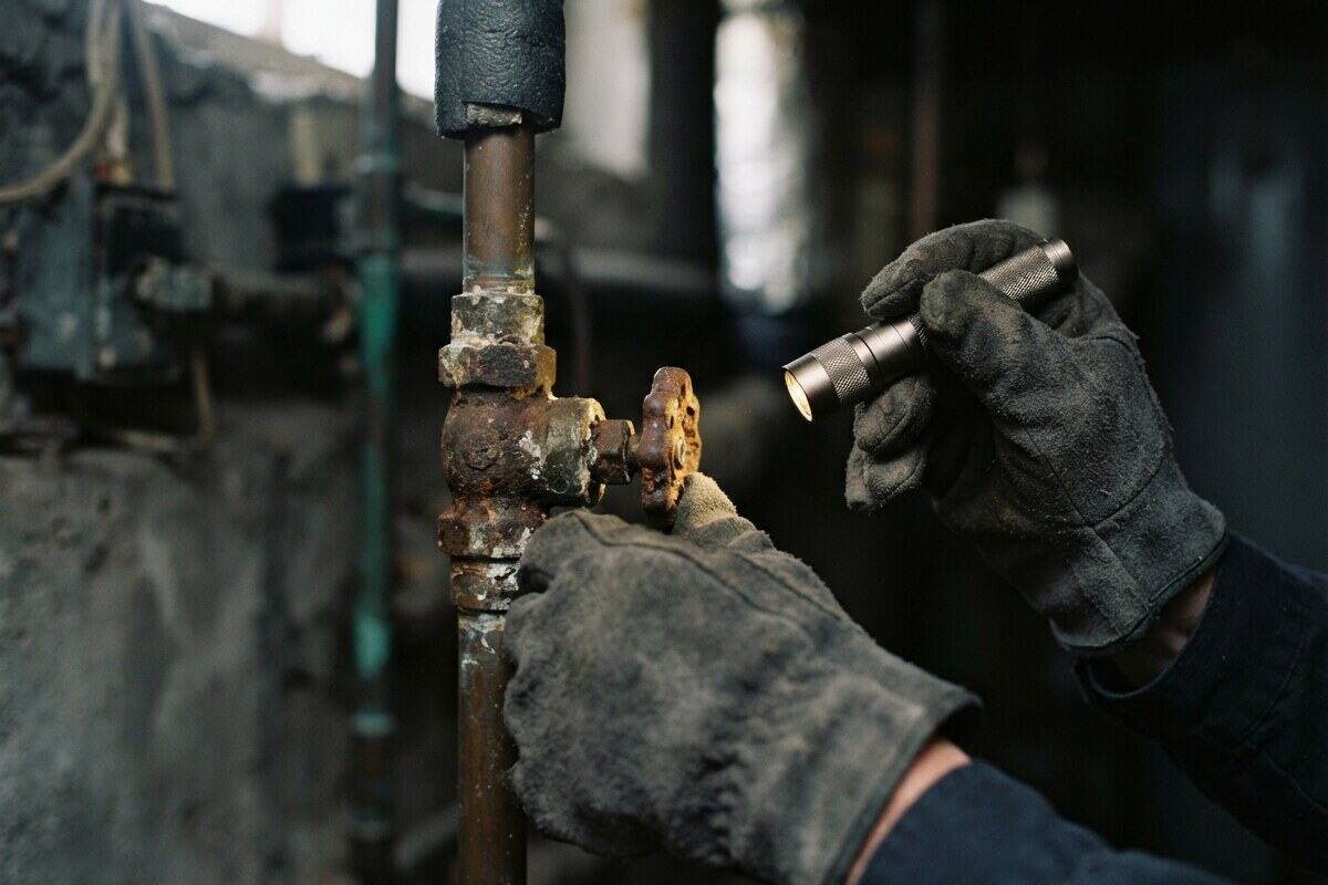Gloved hands photographing a rusty plumbing shutoff valve