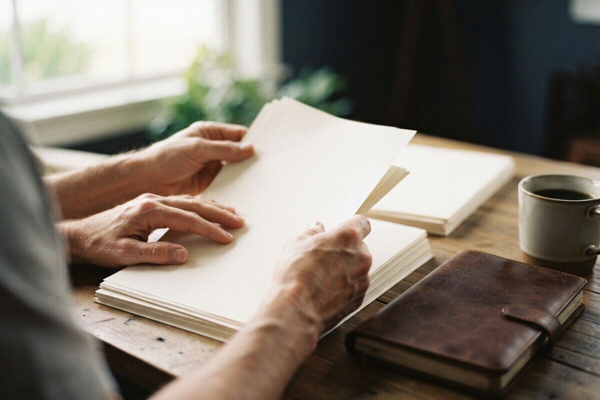 Hands reviewing client intake folders before professional handoff