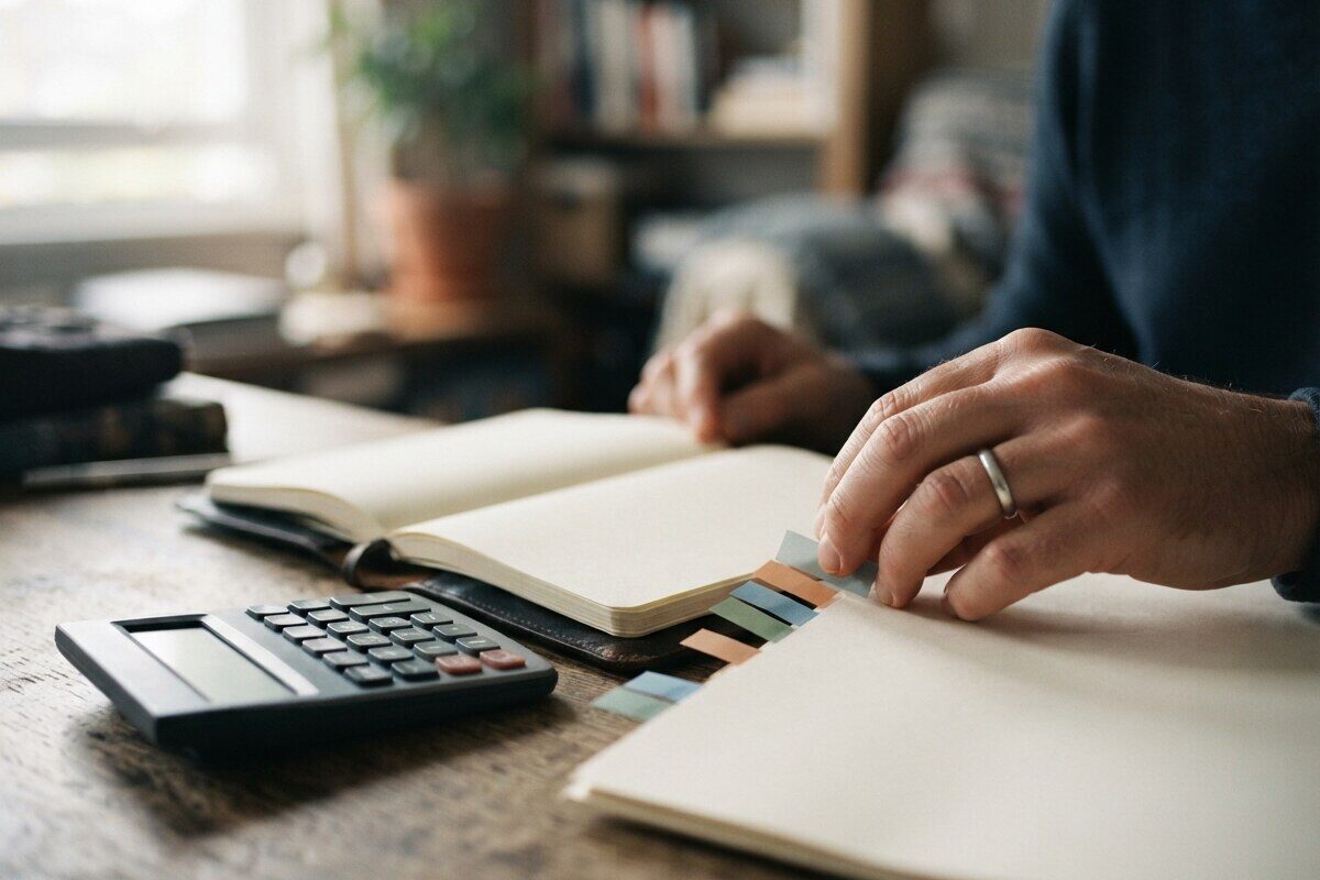 Operator reviews invoice tabs beside calculator and blank notebook