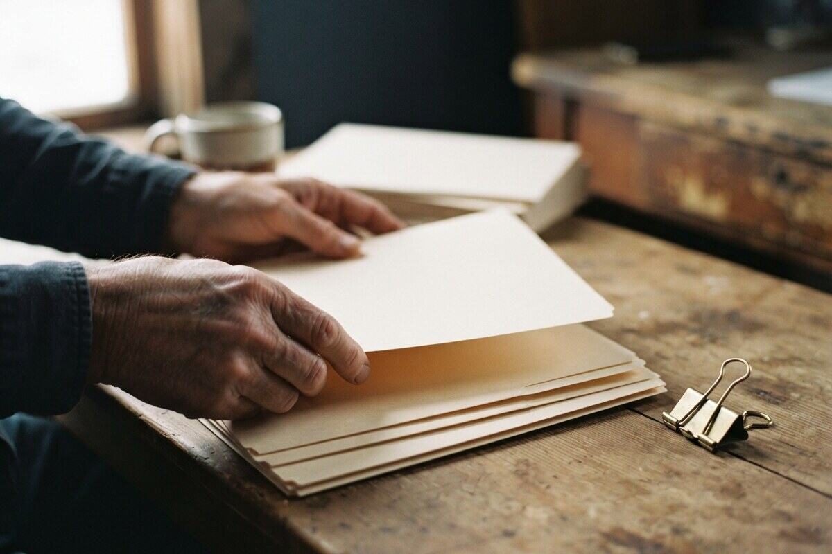 Hands stacking plain manila folders under warm side light