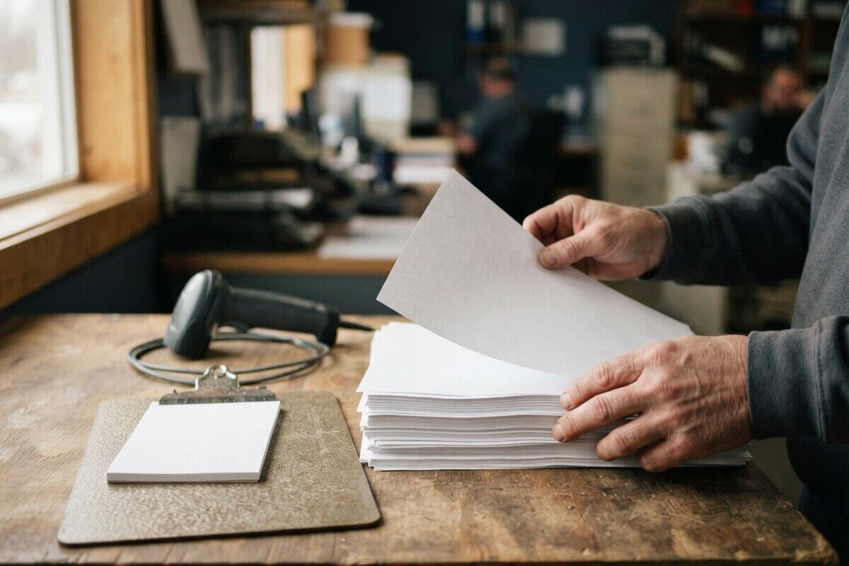 Hands sorting delivery paperwork beside a desktop scanner