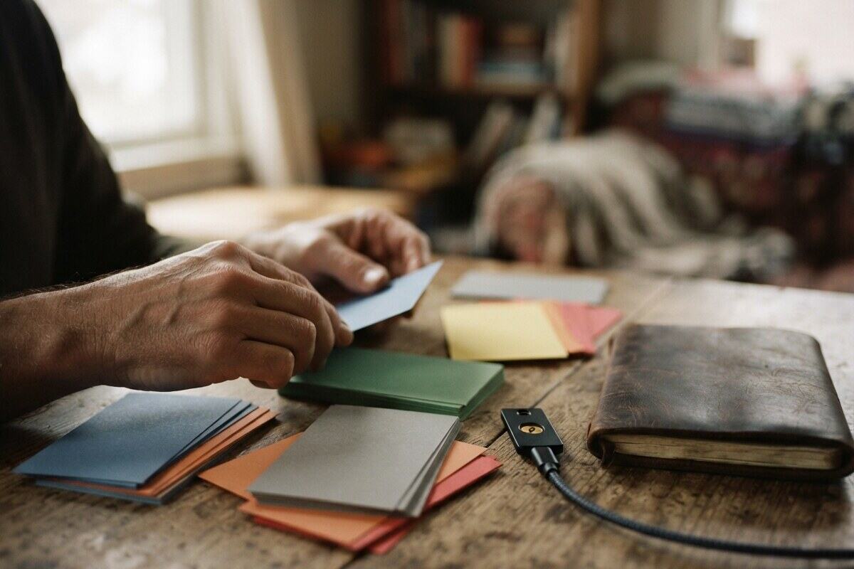 Operator organizing security evidence beside a hardware key