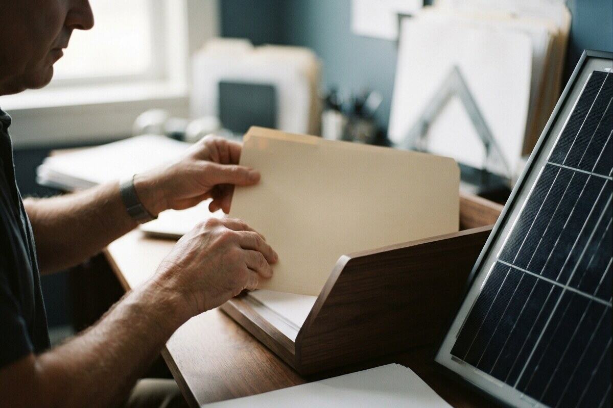 Hands filing a blank folder beside a dark solar module