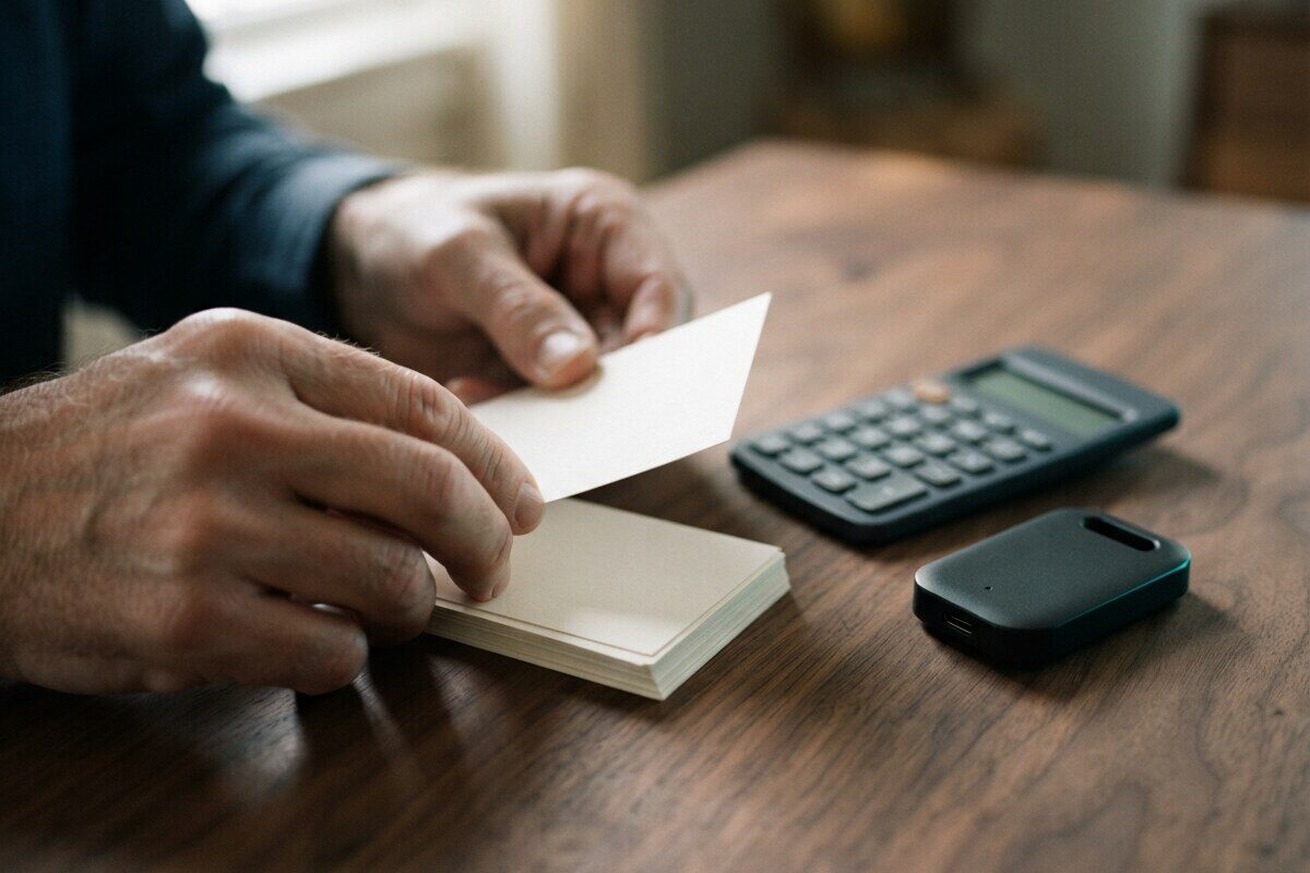 Hands organizing blank invoices for AI usage reconciliation