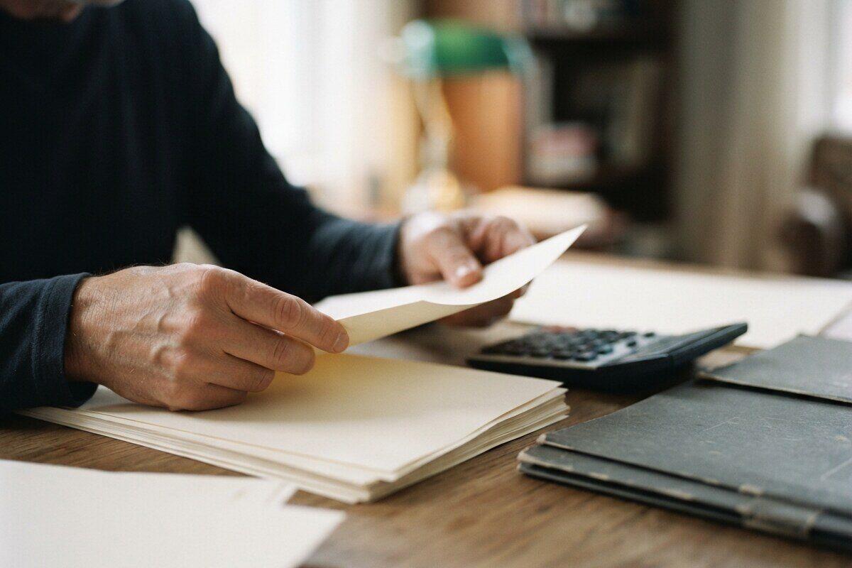 Hands reconciling unmarked brokerage records beside a desktop calculator