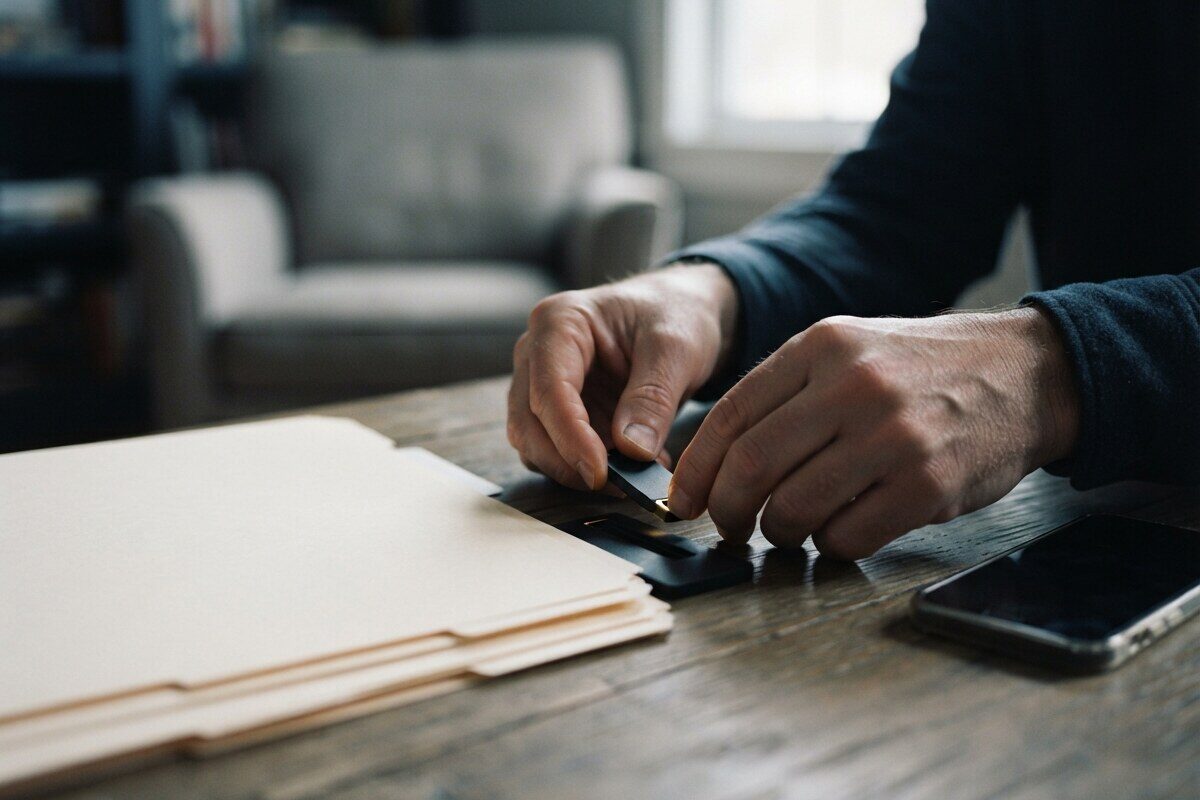 Hands securing authentication device beside neatly organized financial records