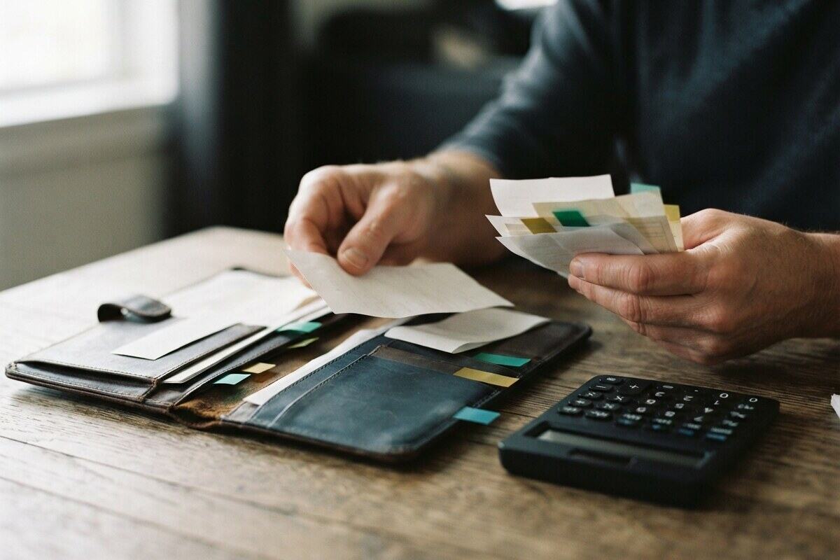 Hands organizing education receipts and savings records