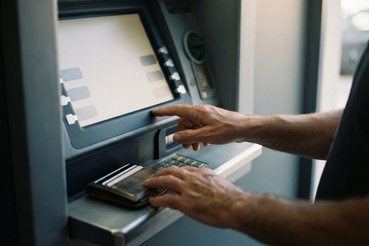 Traveler choosing local currency at an overseas cash machine