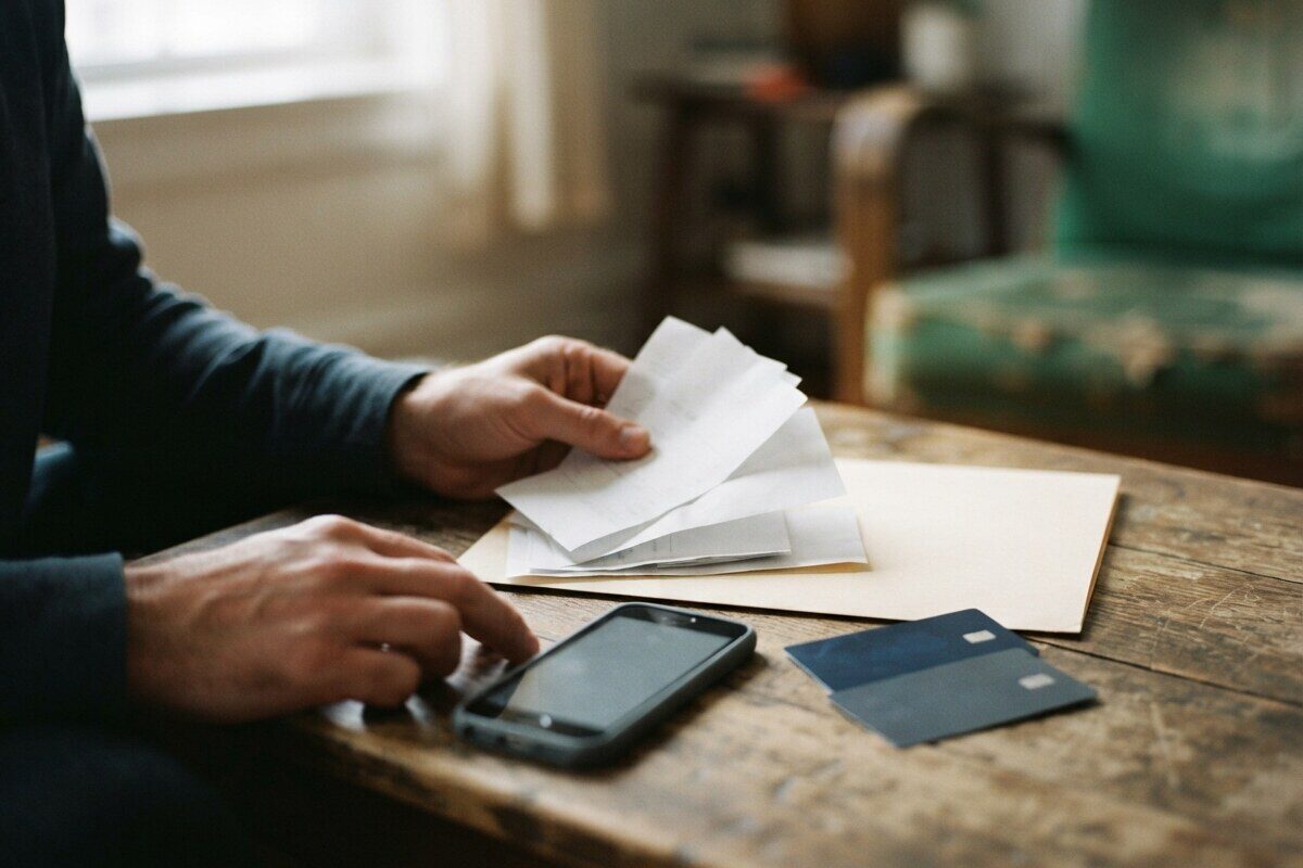 Hands organizing emergency documents and payment cards abroad
