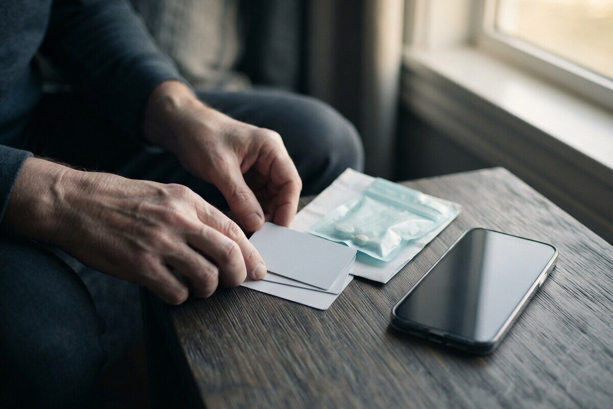 Retired couple organizing emergency medical contacts and insurance cards