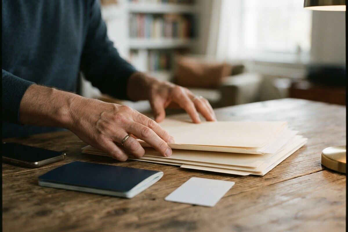 Hands organizing medical folders and travel emergency documents