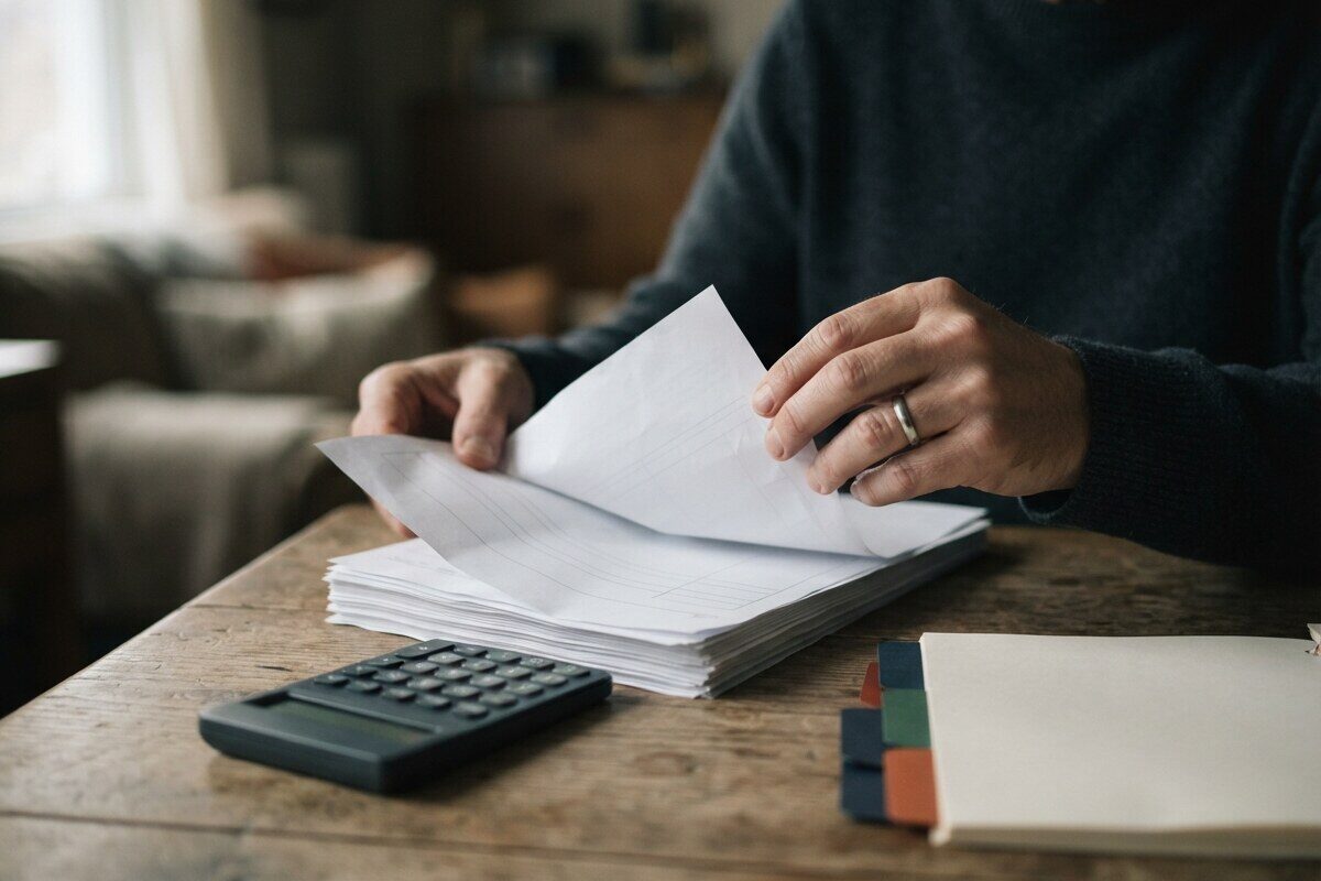 Hands reviewing foreign account statements beside a calculator