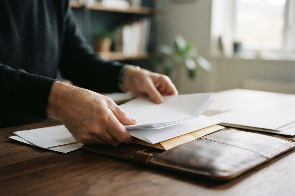 Hands organizing account records for annual FBAR review