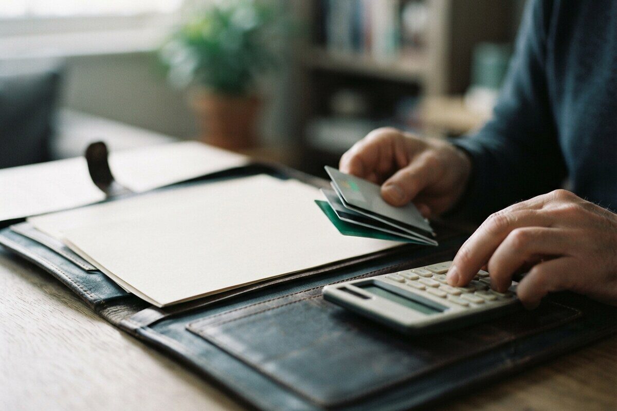 Hands organizing bank cards and blank financial records