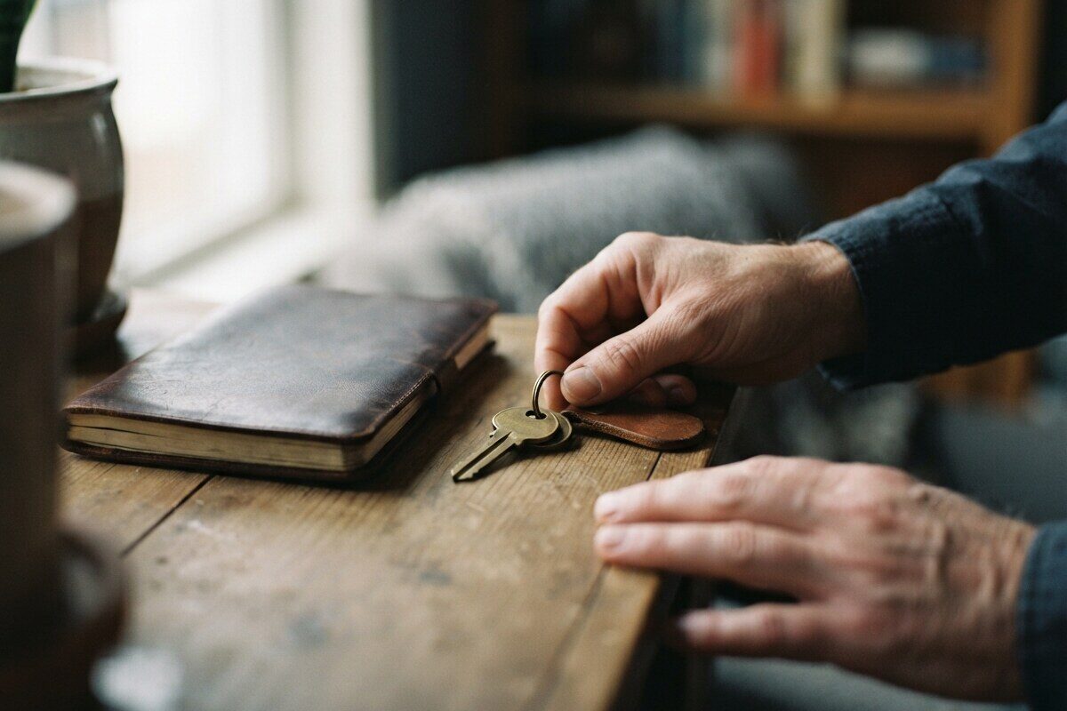 Hands placing a brass key beside a closed notebook