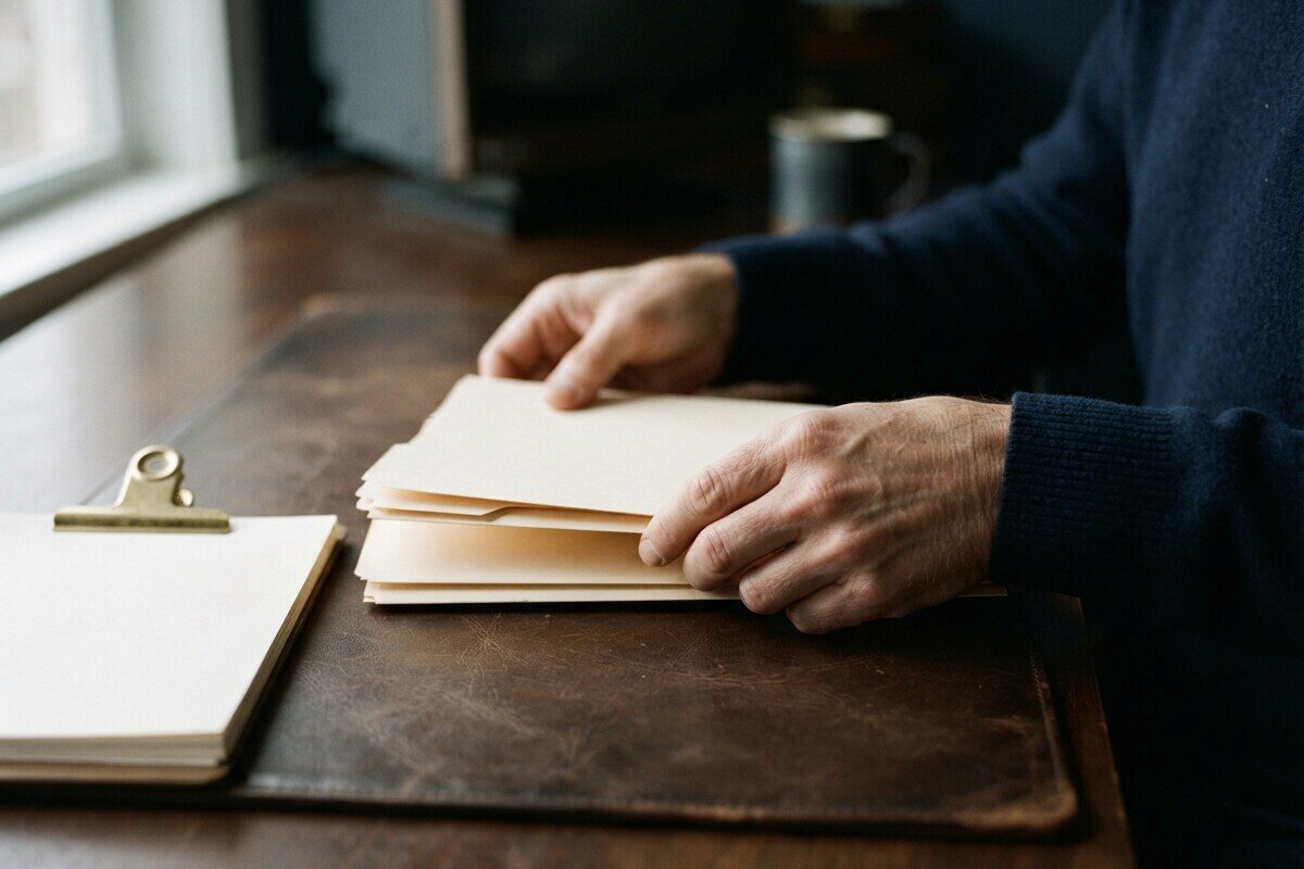 Hands stacking unmarked manila folders on a leather blotter