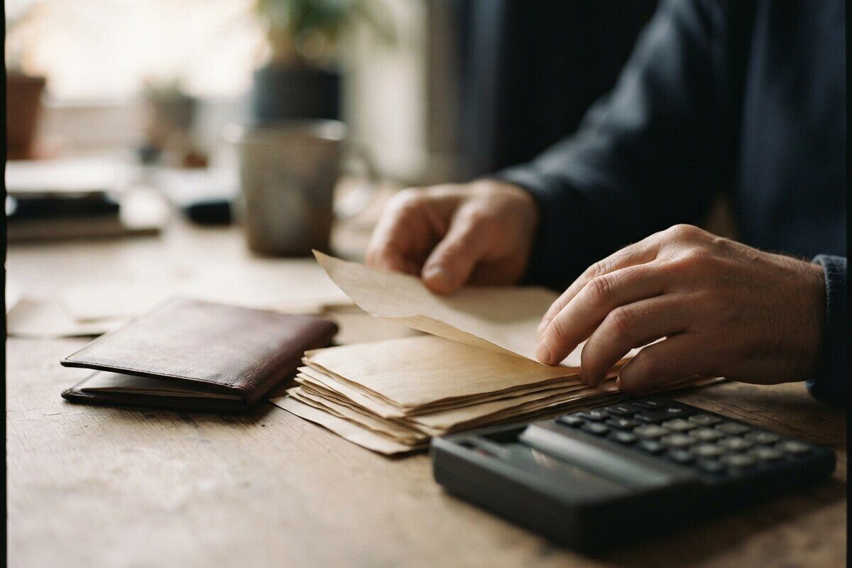 Hands organizing translated income records beside a calculator