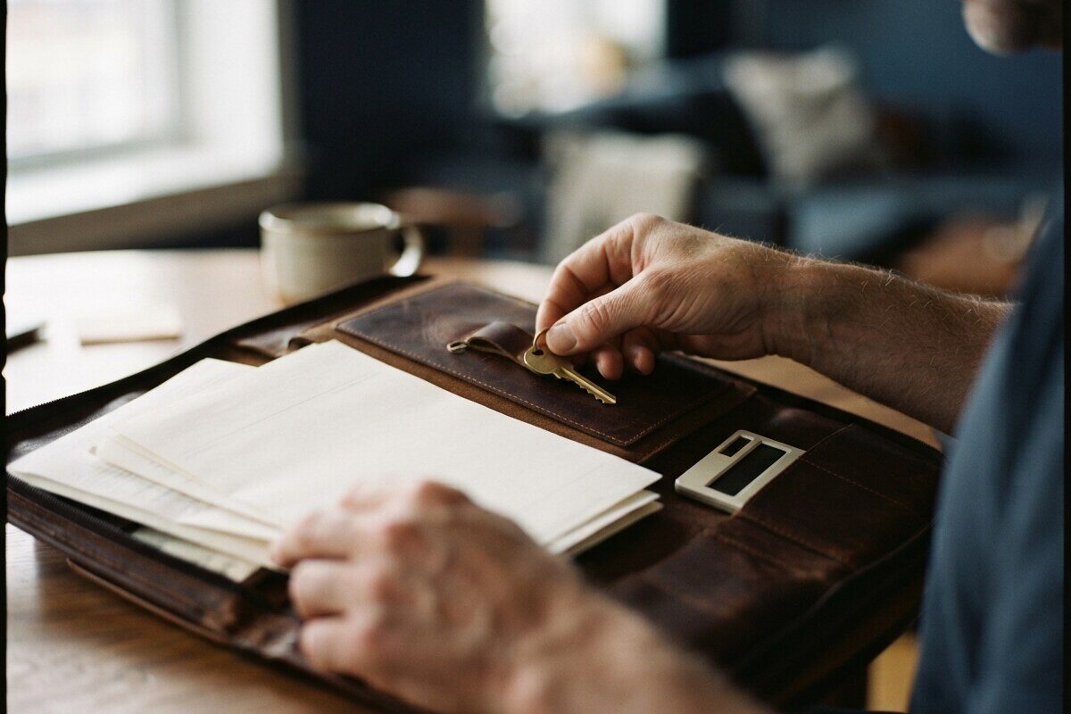 Hands assembling transfer records and mortgage closing documents