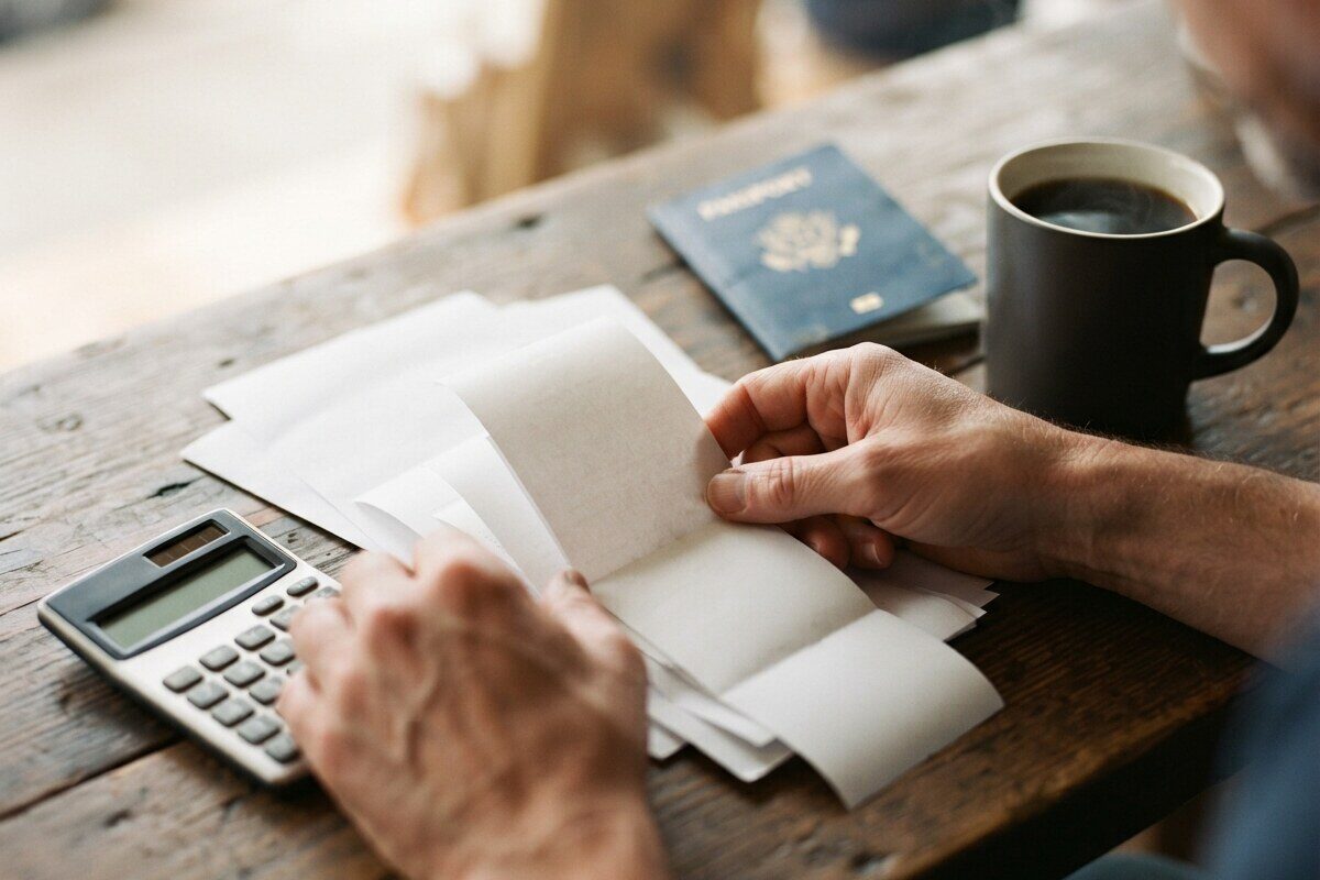 Hands organizing receipts and calculator for expat tax filing