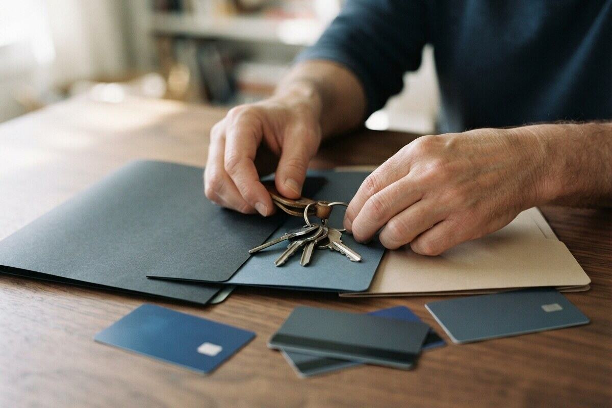 Owner organizing foreign property records and keys for mortgage review