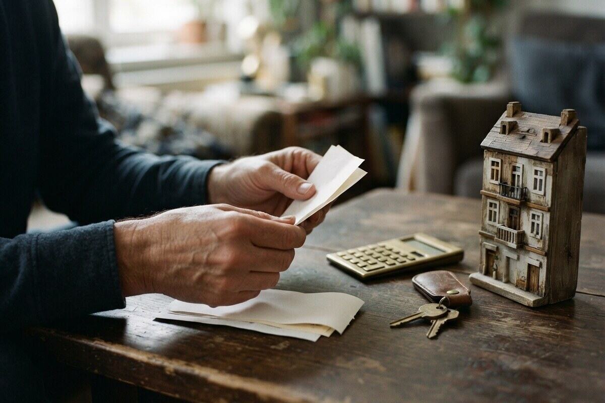 Landlord sorting rental receipts beside keys and calculator