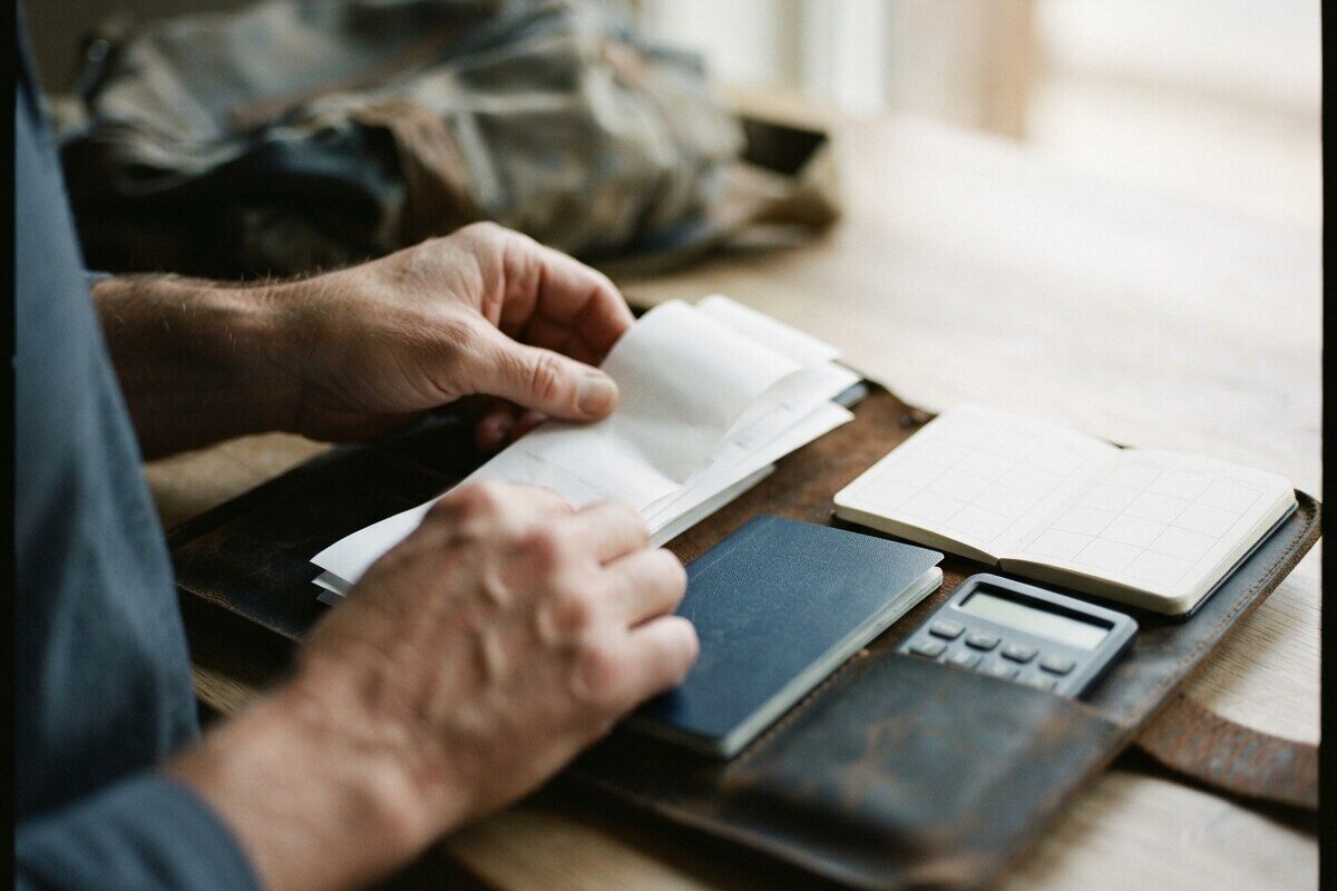 Hands organizing travel records for an expat tax extension