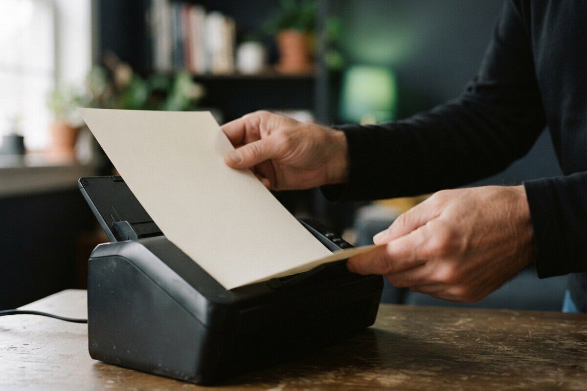 Hands feeding blank cream pages into a desktop document scanner
