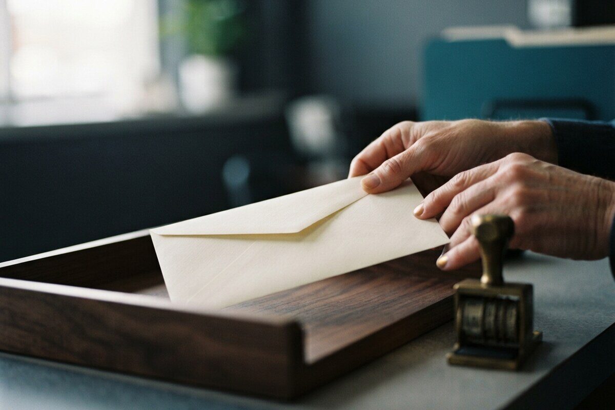 Hands delivering a blank envelope to a payroll tray