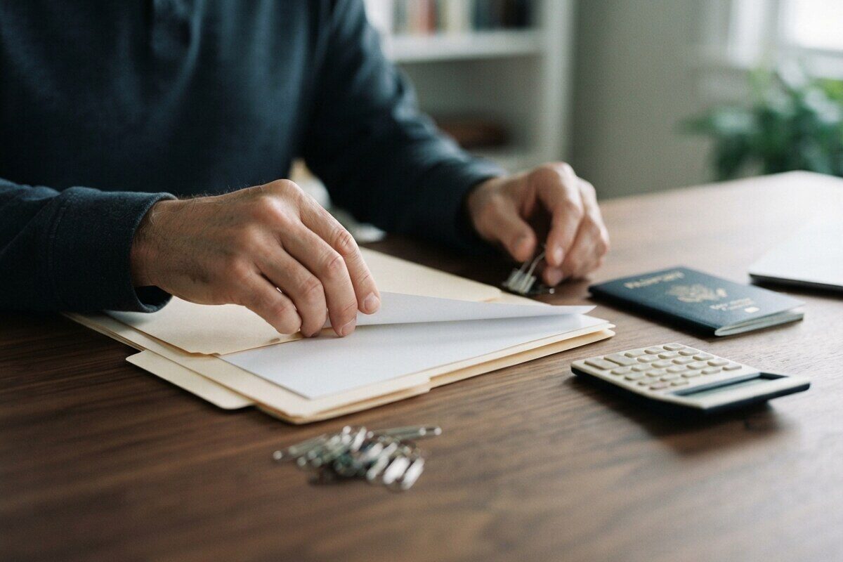 Hands organizing blank tax folders and calculator on desk