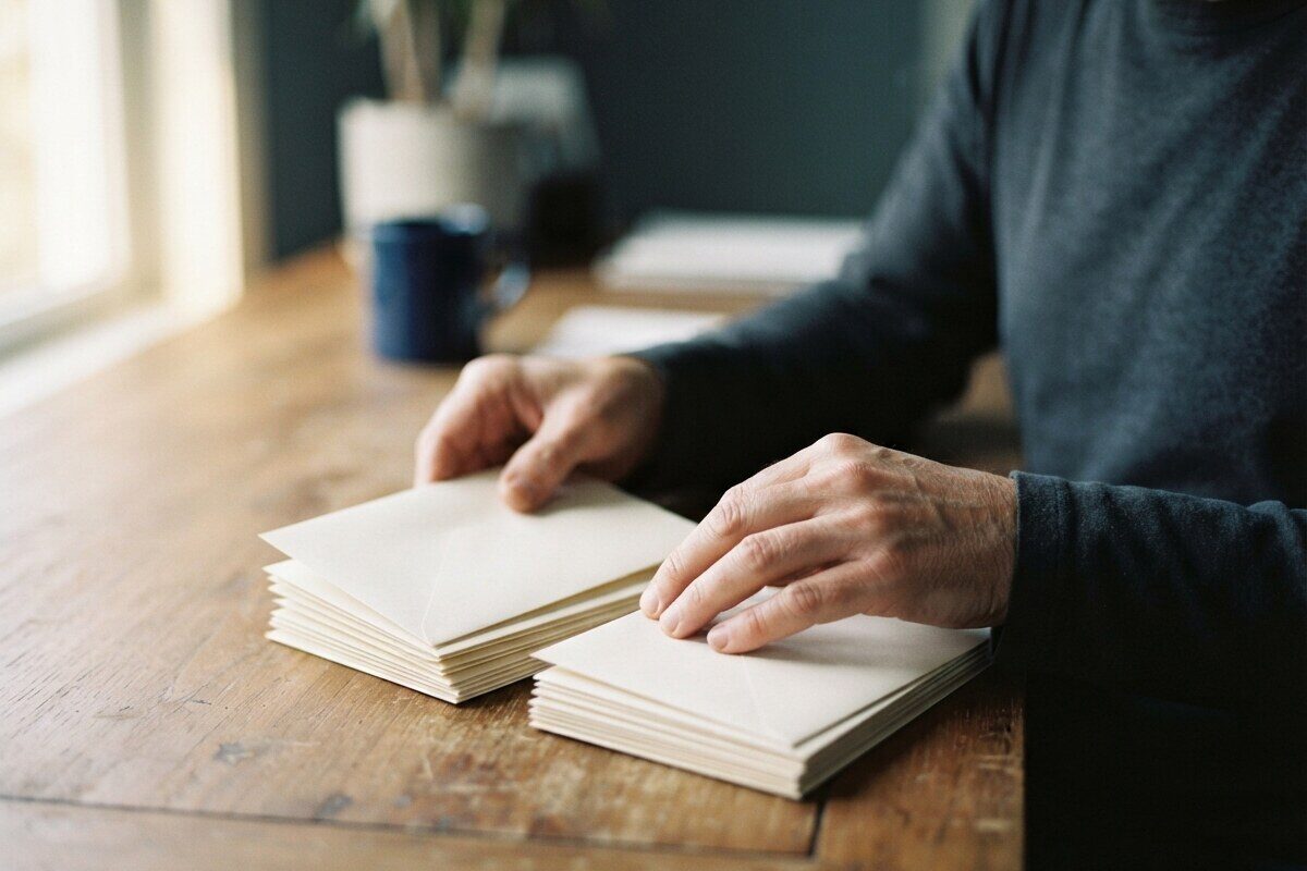 Hands dividing two piles of blank envelopes on teak