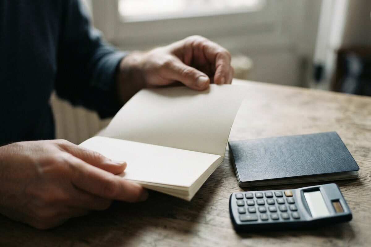 Hands reviewing blank policy documents with calculator nearby