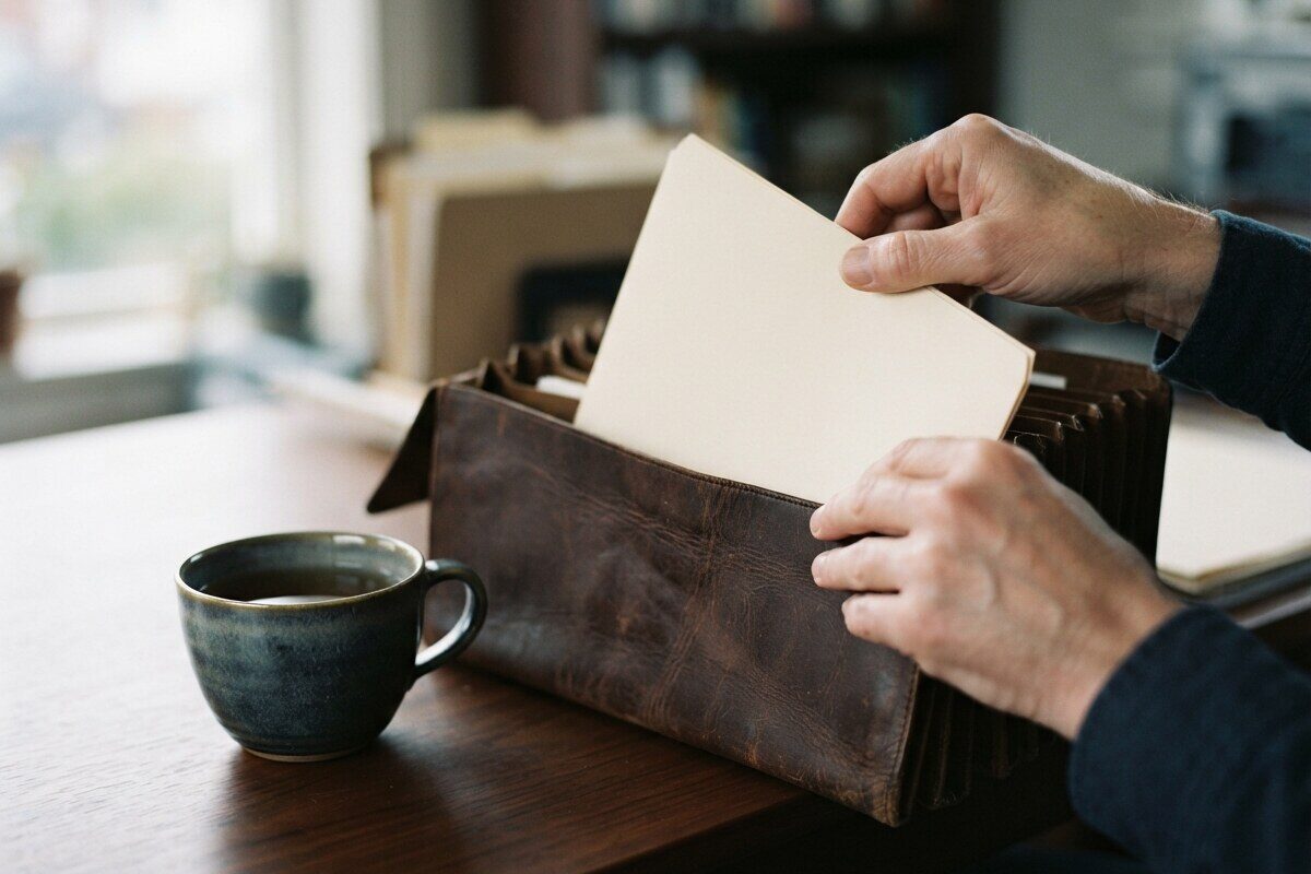 Hands filing blank cream folders into a leather accordion case