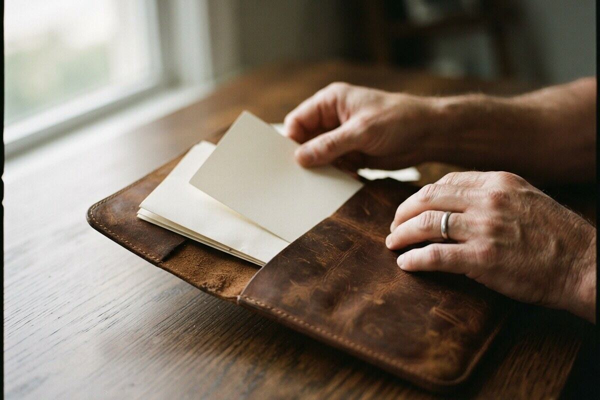 Hands filing unmarked papers into a worn leather folio