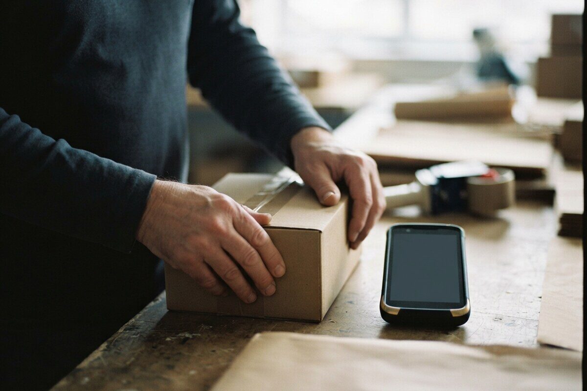 Operator sealing a low-value parcel beside a customs scanner