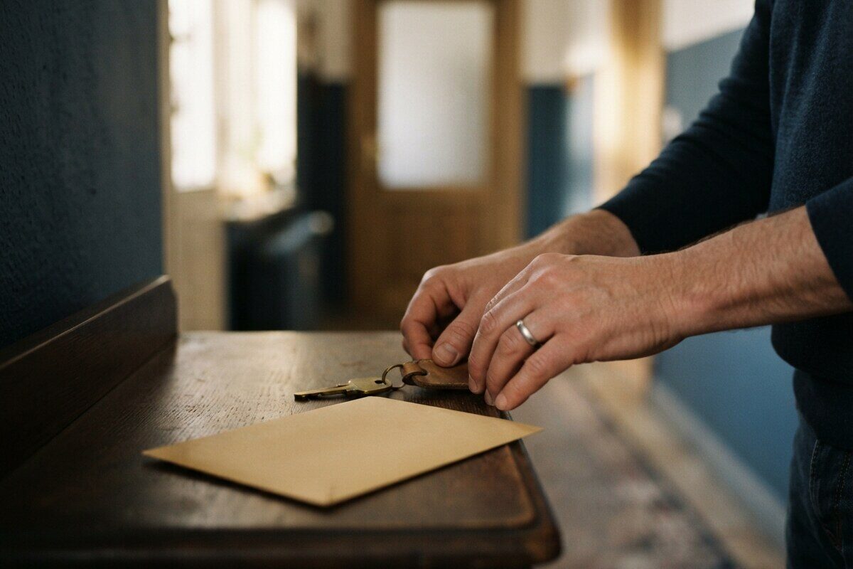 Hands placing a brass key on a hallway console